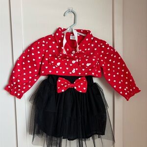 3 Piece Dress Set Black Tulle Dress with Hear Print Cropped Jacket and Headband